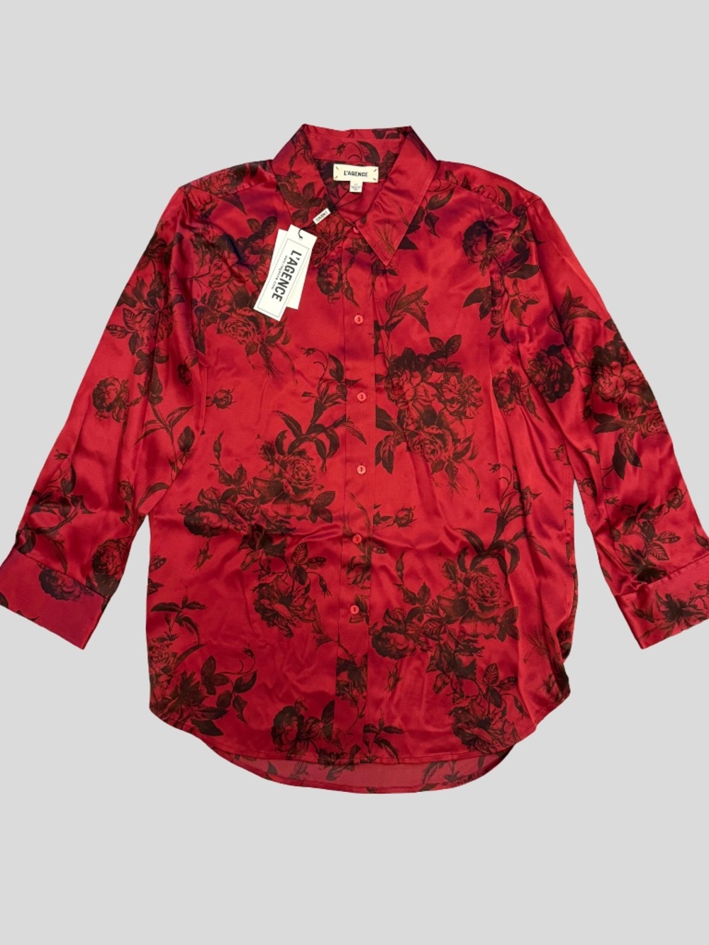L'AGENCE Dani 3/4 Sleeve Silk Blouse in Burgundy Red Painterfly Flower Small S